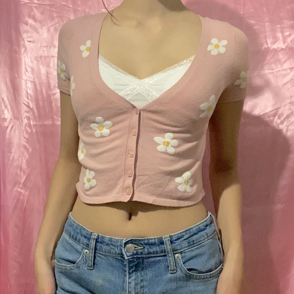 Y2K Pink Daisy Button Up Crop Top